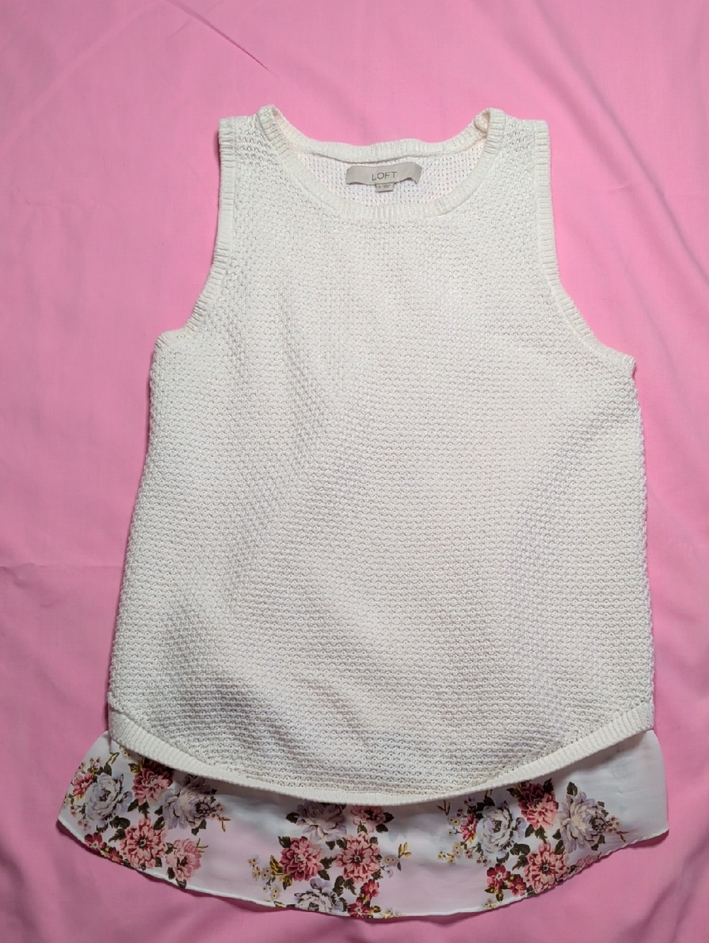 LOFT Cream Knit Shell with Floral Hemline
